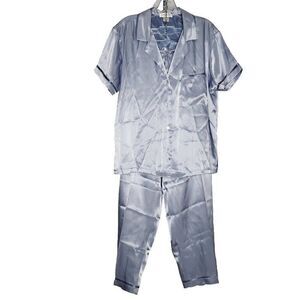 Jones New York Satin Pajama Set L Short Sleeve Long Pants 2 Tone Light Blue